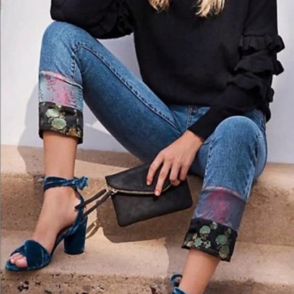 Anthropologie Pilcro Slim Boyfriend Jeans with Patchwork Satin Hems Boho 25 - Picture 5 of 16